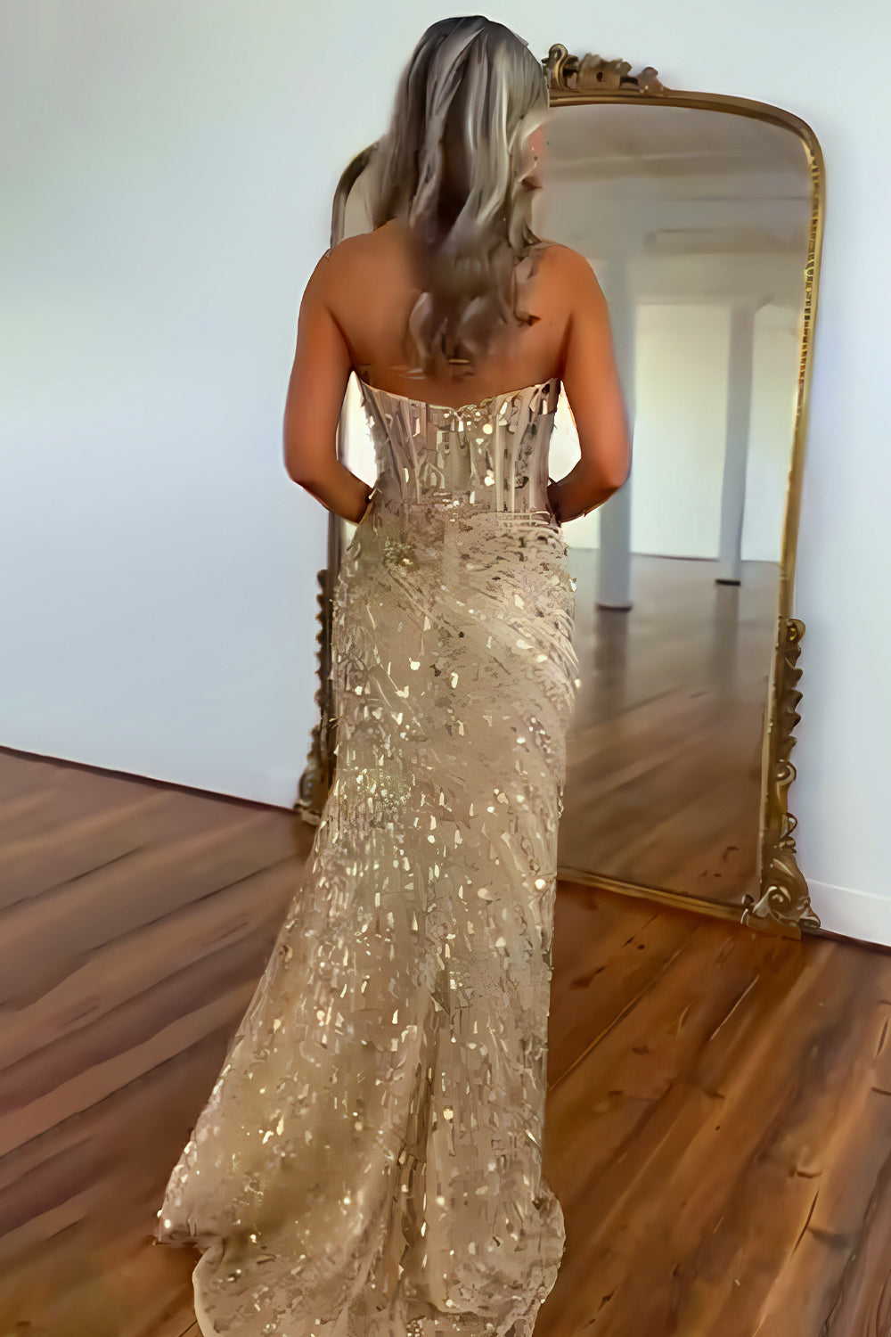 Sparkly Mermaid Sweetheart Gold Long Prom Dress with Split Front