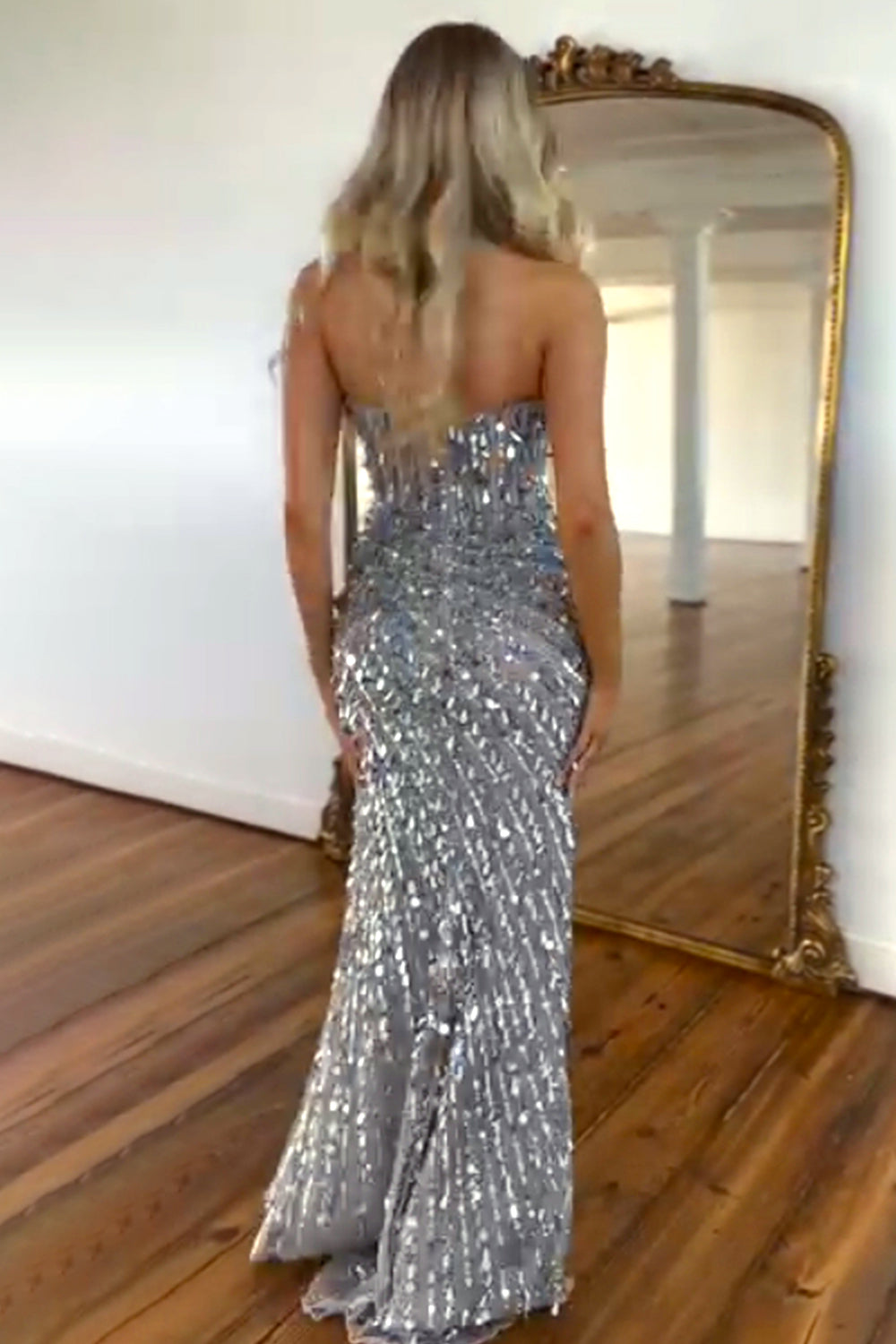 Sparkly Mermaid Sweetheart Gold Long Prom Dress with Split Front