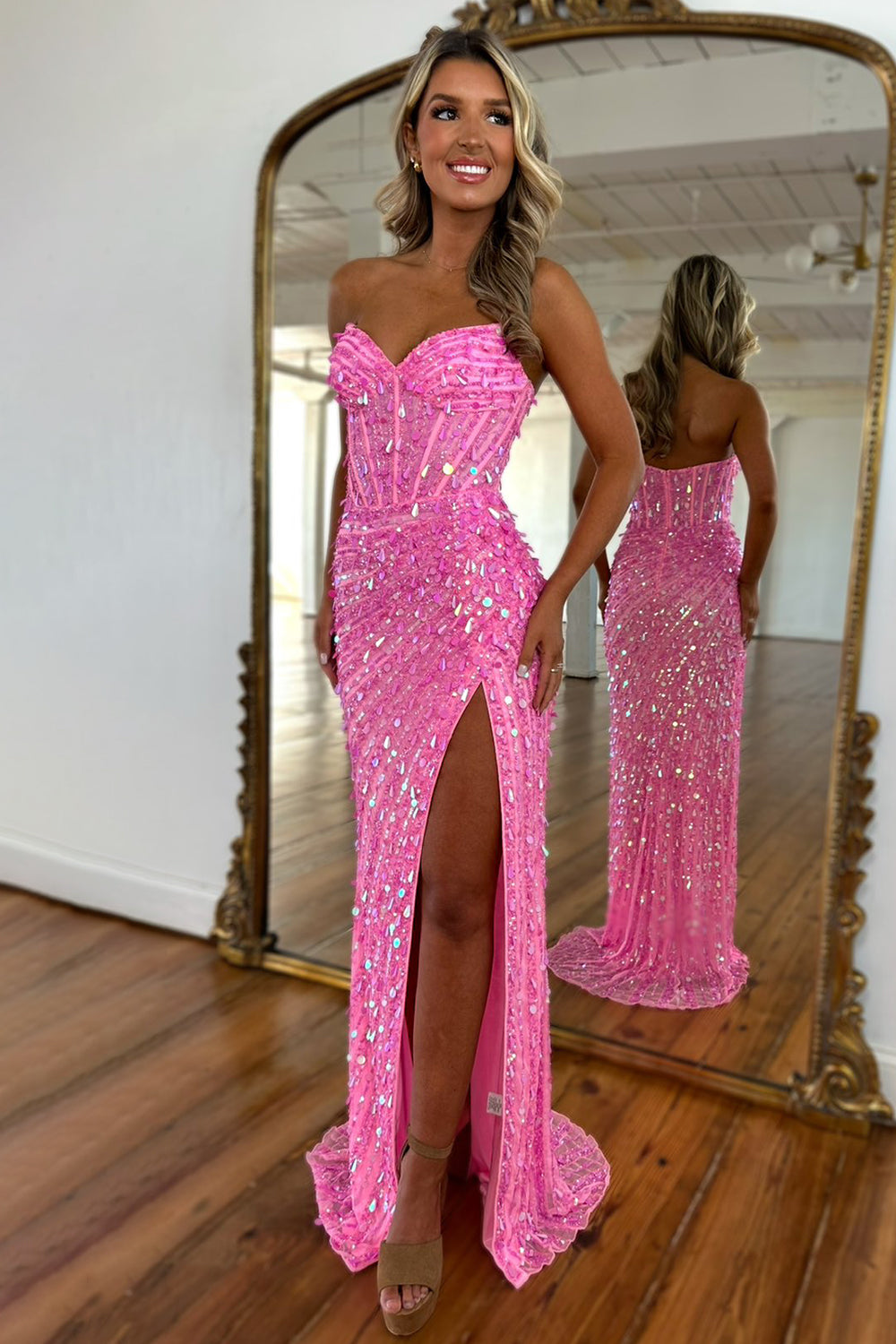 Sparkly Mermaid Sweetheart Gold Long Prom Dress with Split Front