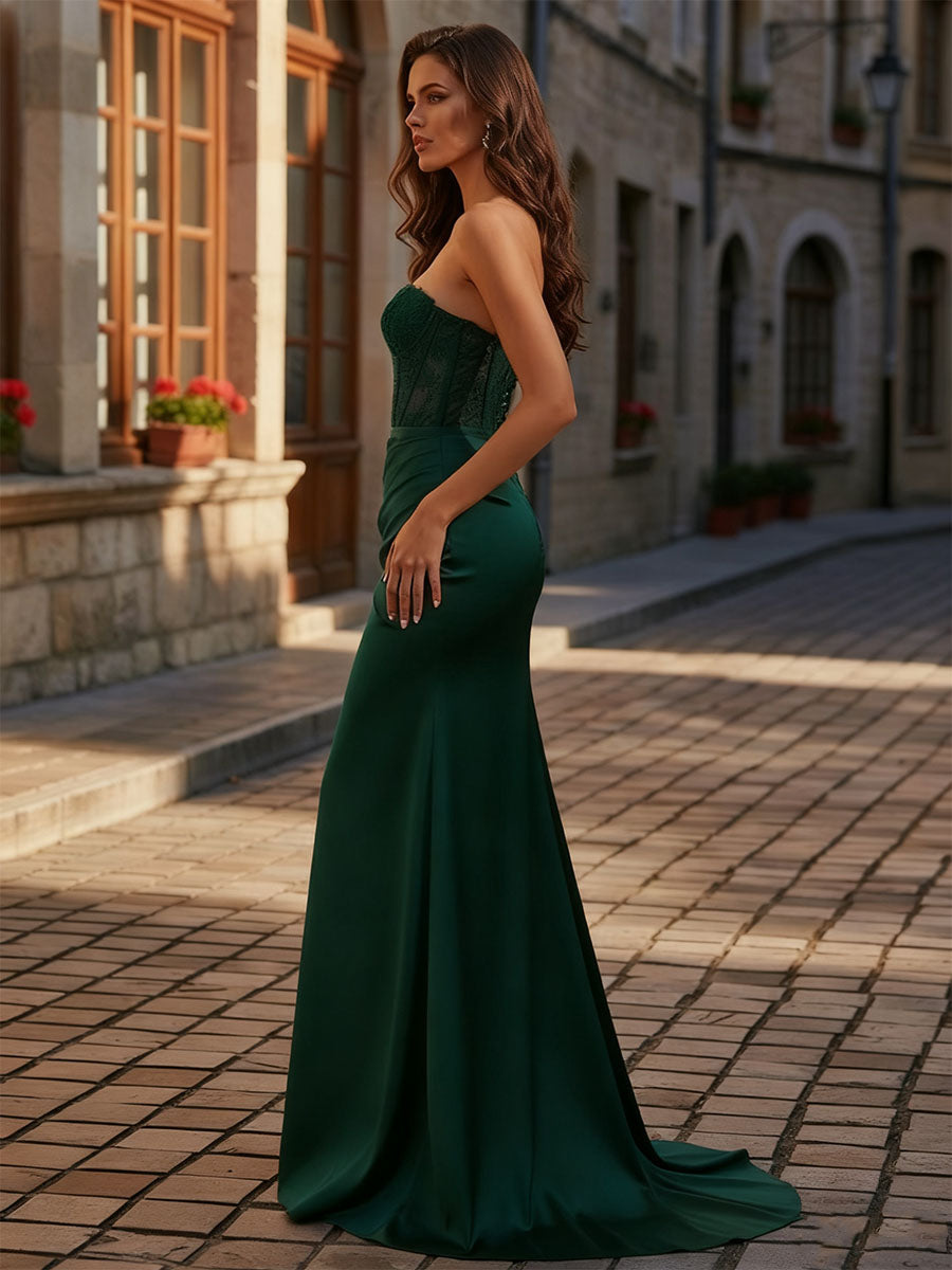 Sweetheart Sheer Lace Corset Satin Prom Dress with Slit - View 3 | FashionDia