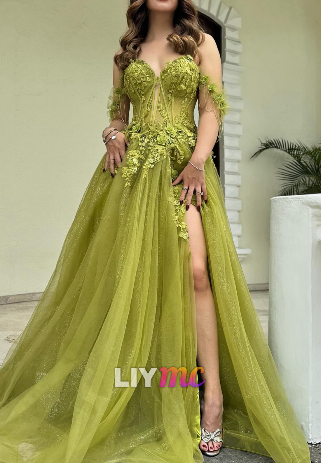 Sweetheart Sleeveless Floral Appliques Prom Dress A-Line Party Dress
