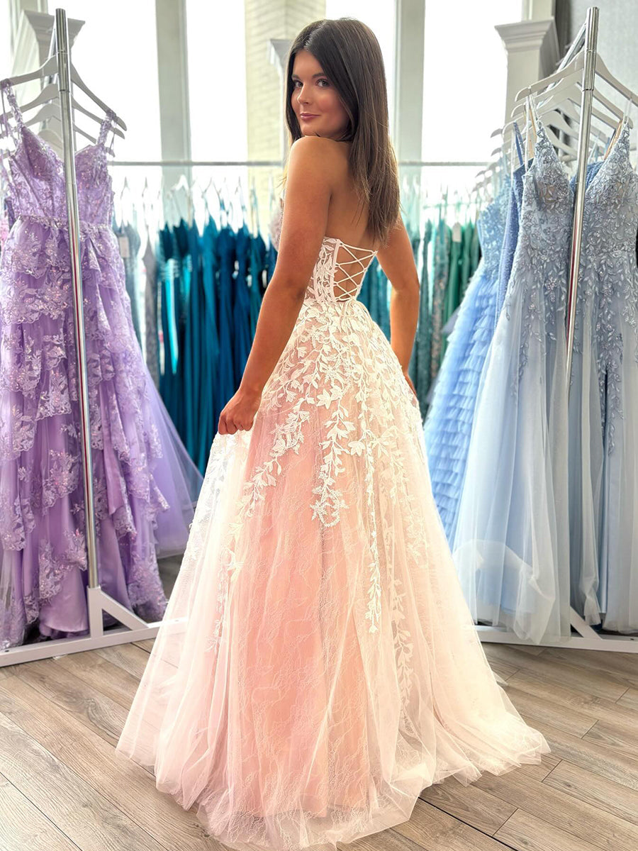 Sweetheart Strapless Lace Corset A-Line Long Prom Dress