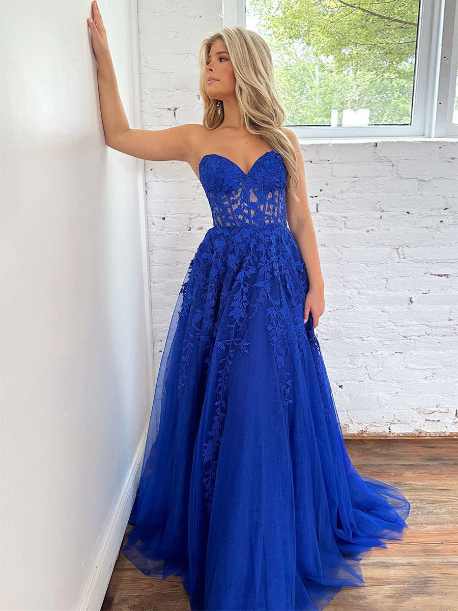 Sweetheart Strapless Lace Corset A-Line Long Prom Dress