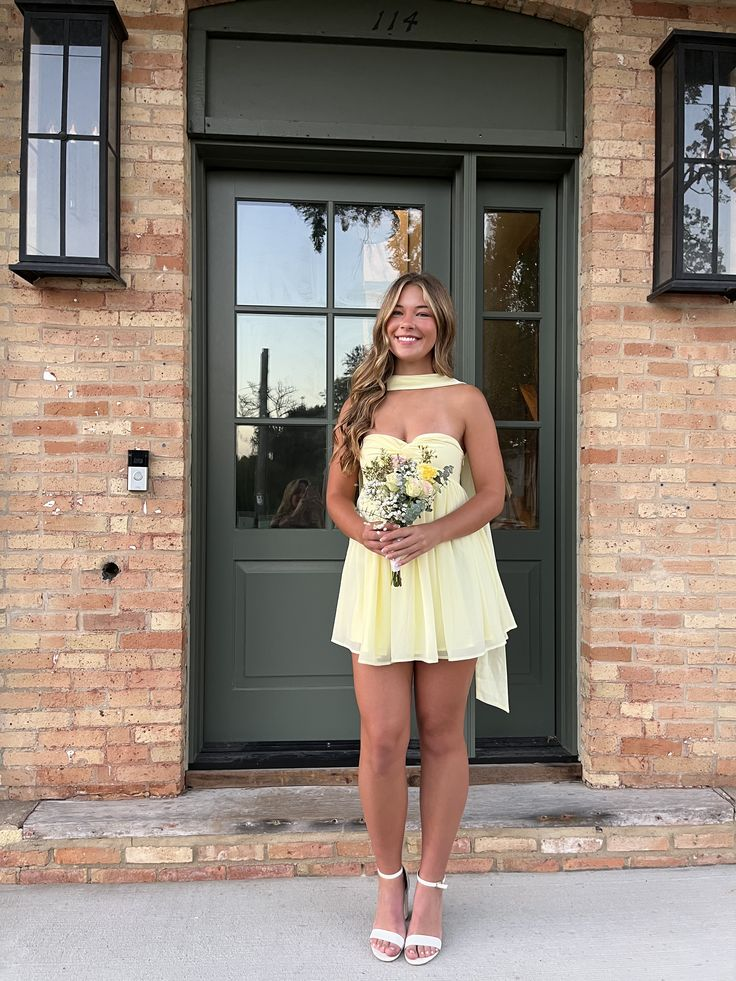 Sweetheart Yellow Chiffon Homecoming Dress With Scarf