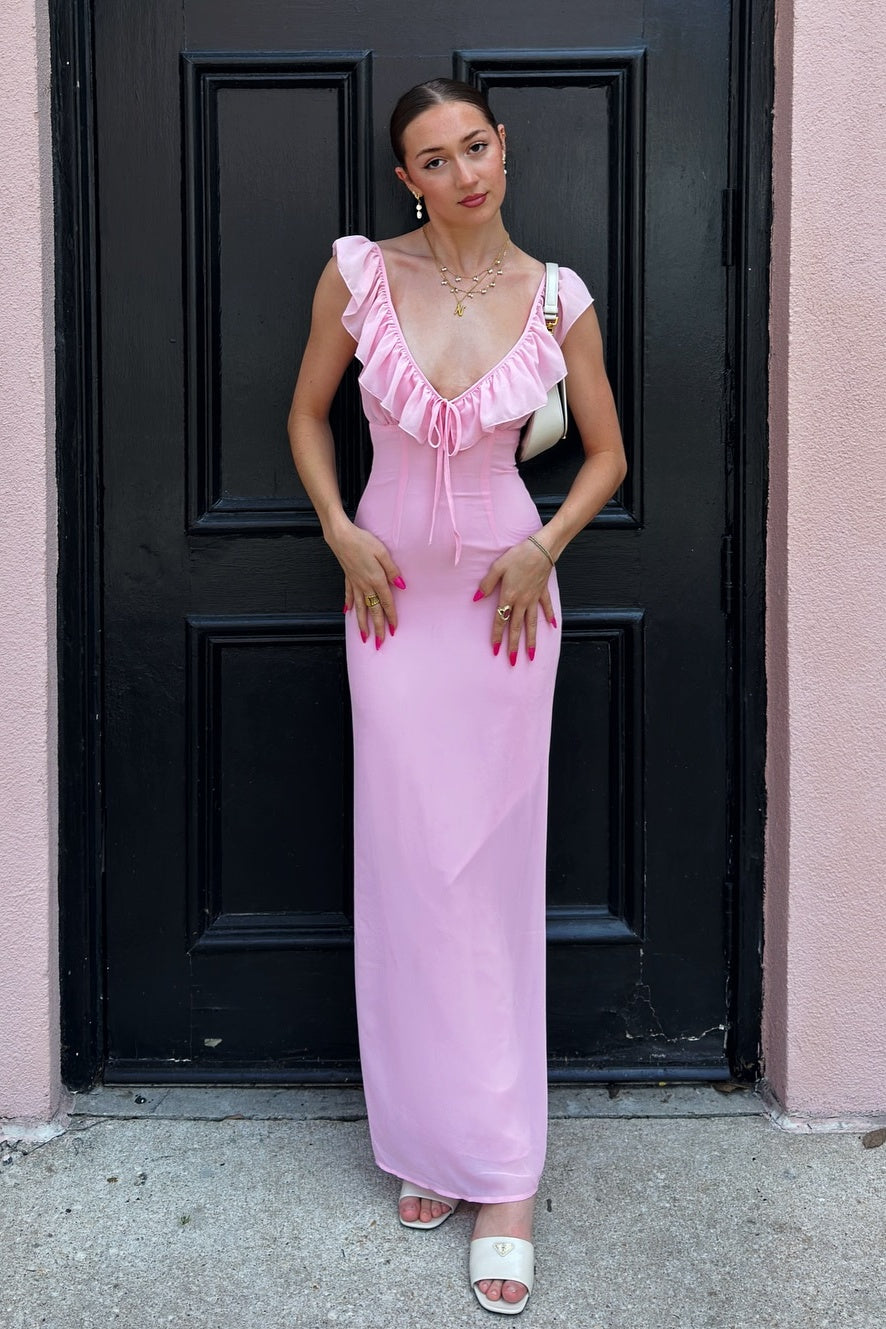 Sweety Mermaid V Neck Pink Long Prom Dress with Ruffles