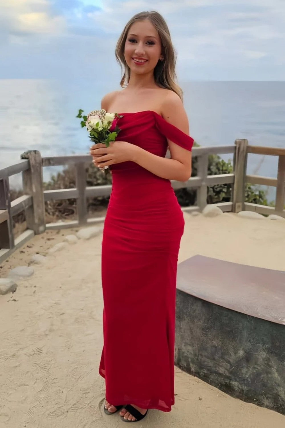 Trendy Sheath Off the Shoulder Red Tea Length Party Dress with Ruched