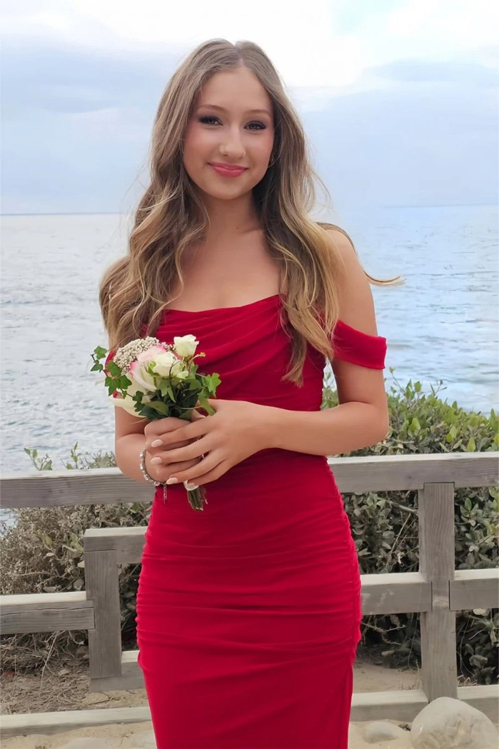 Trendy Sheath Off the Shoulder Red Tea Length Party Dress with Ruched