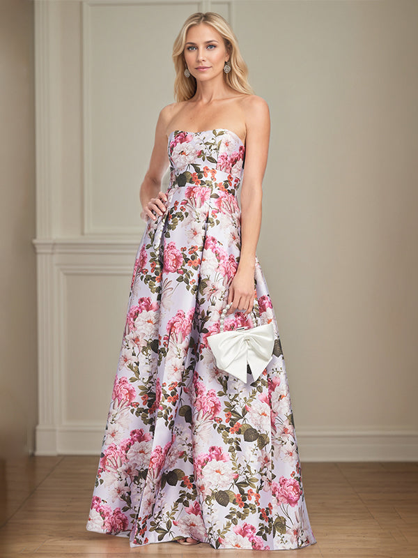 A-Line Off the Shoulder Floor Length Satin Floral Mother of the Bride Dress
