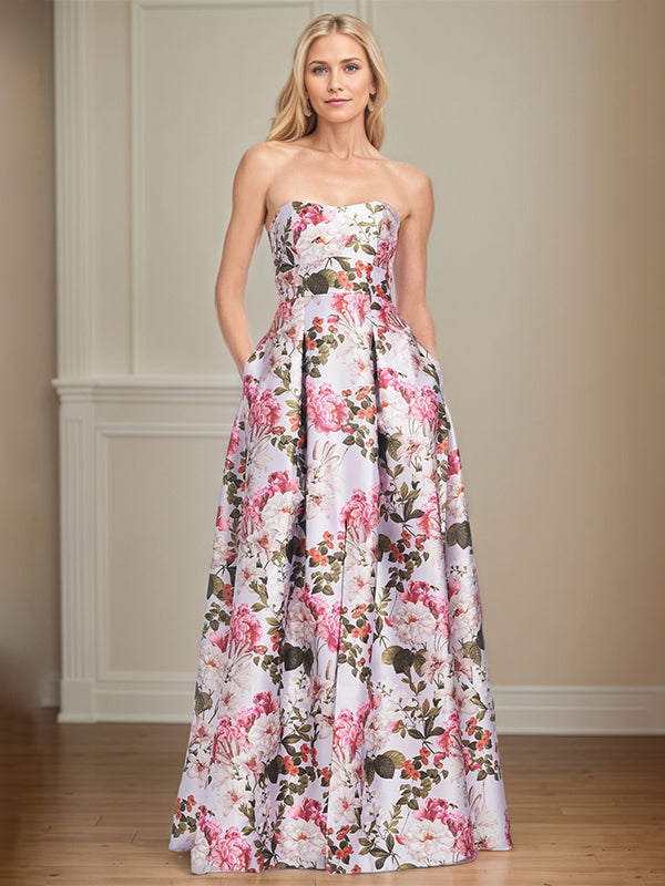 A-Line Off-the-Shoulder Floor-Length Satin Floral Mother of the Bride Dress - FashionDia