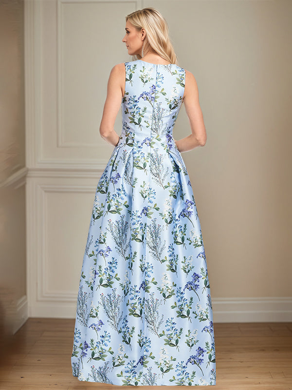 A-Line V-Neck Light Blue Floral Mother of the Bride Dress