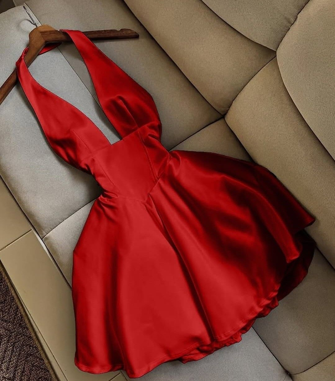Red Halter Satin A Line Cocktail Dress Sexy Short Graduation Homecoming Dress