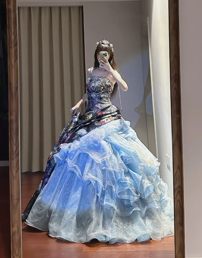 Unique Strapless Satin Print Floral Tulle Sequin Sweet 16 Dress Formal Quinceanera Dress