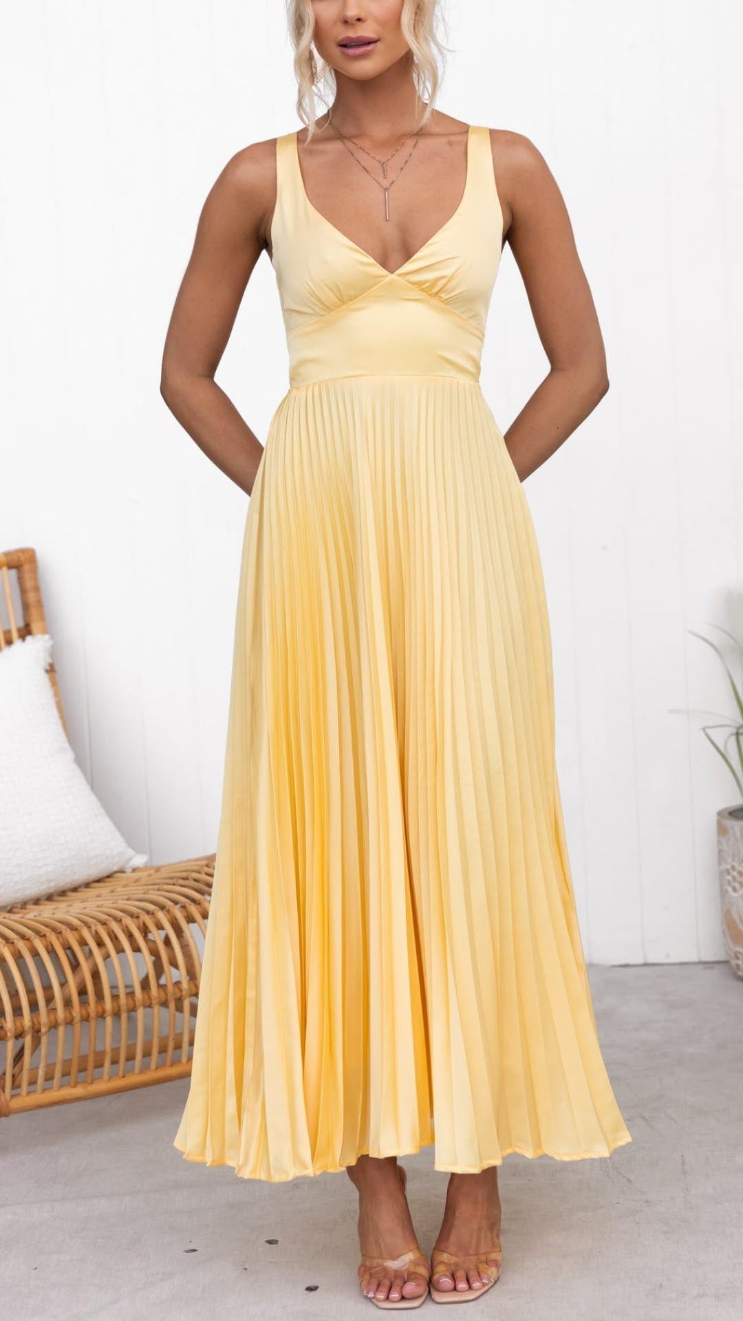 Jane | Pleated V Neck Maxi Dress