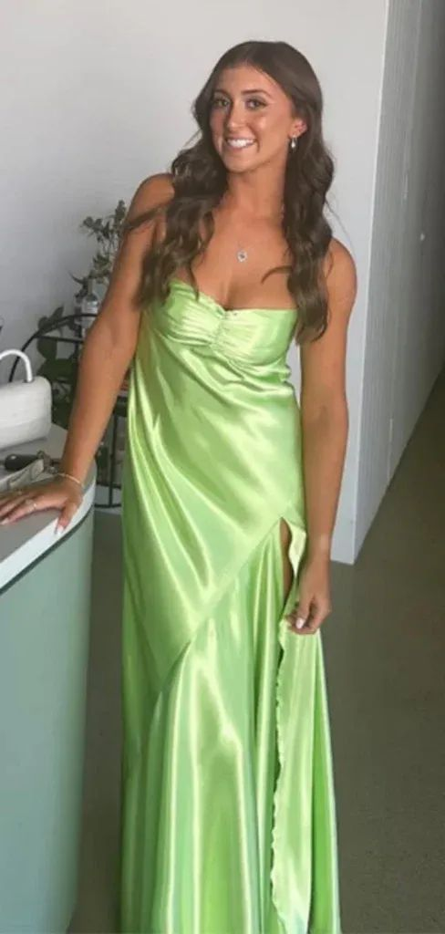 Beautiful Spaghetti Straps Satin Slit Evening Dress Open Back Party Dress
