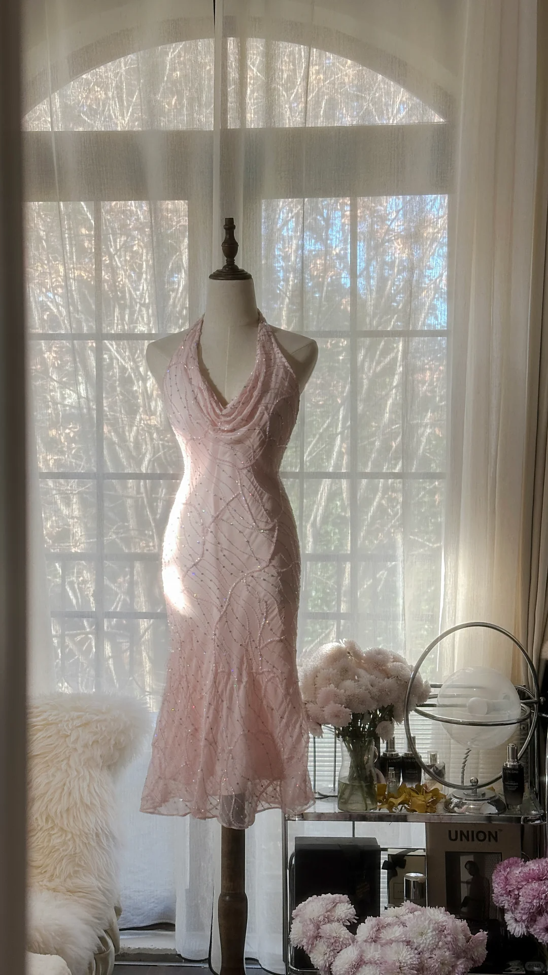 Glitter Pink Halter Sequin Sheath Birthday Outfits Short Mermaid Evening Dress