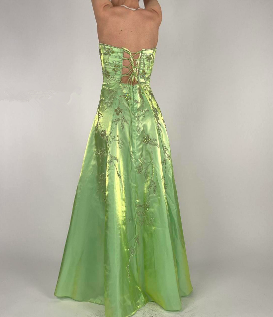 Strapless Green Satin Beaded A Line Prom Dress Evening Dress Y8412 - View 7 | VelvetHem