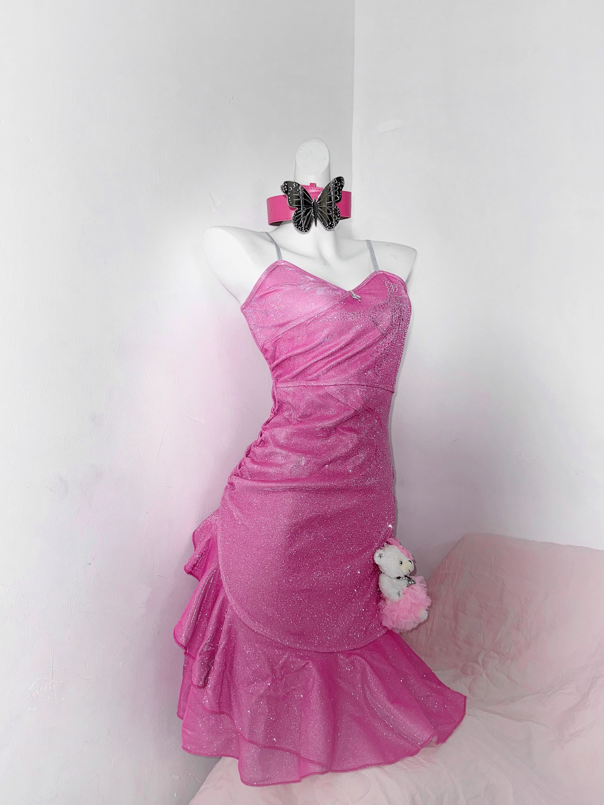 Pretty Pink Ruffles Birthday Outfits Spaghetti Straps Graduation Homecoming Dress S613