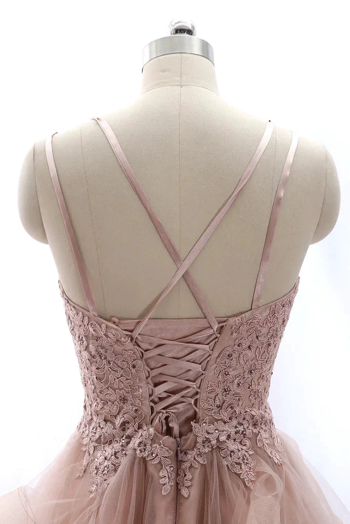 Spaghetti Straps Lace Tulle Homecoming Dress Vintage Party Formal Gown (ZD12029)