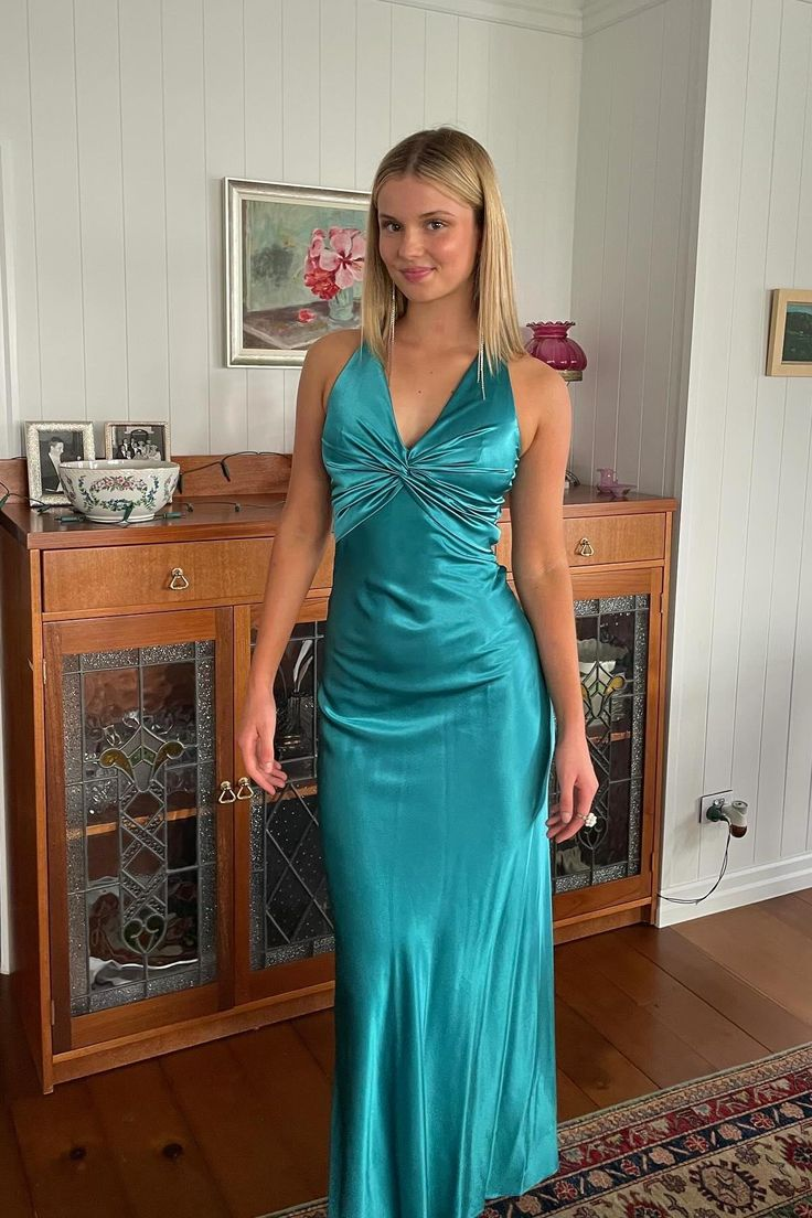 V Neck Green Backless Long Prom Dress Sexy Party Evening Dress