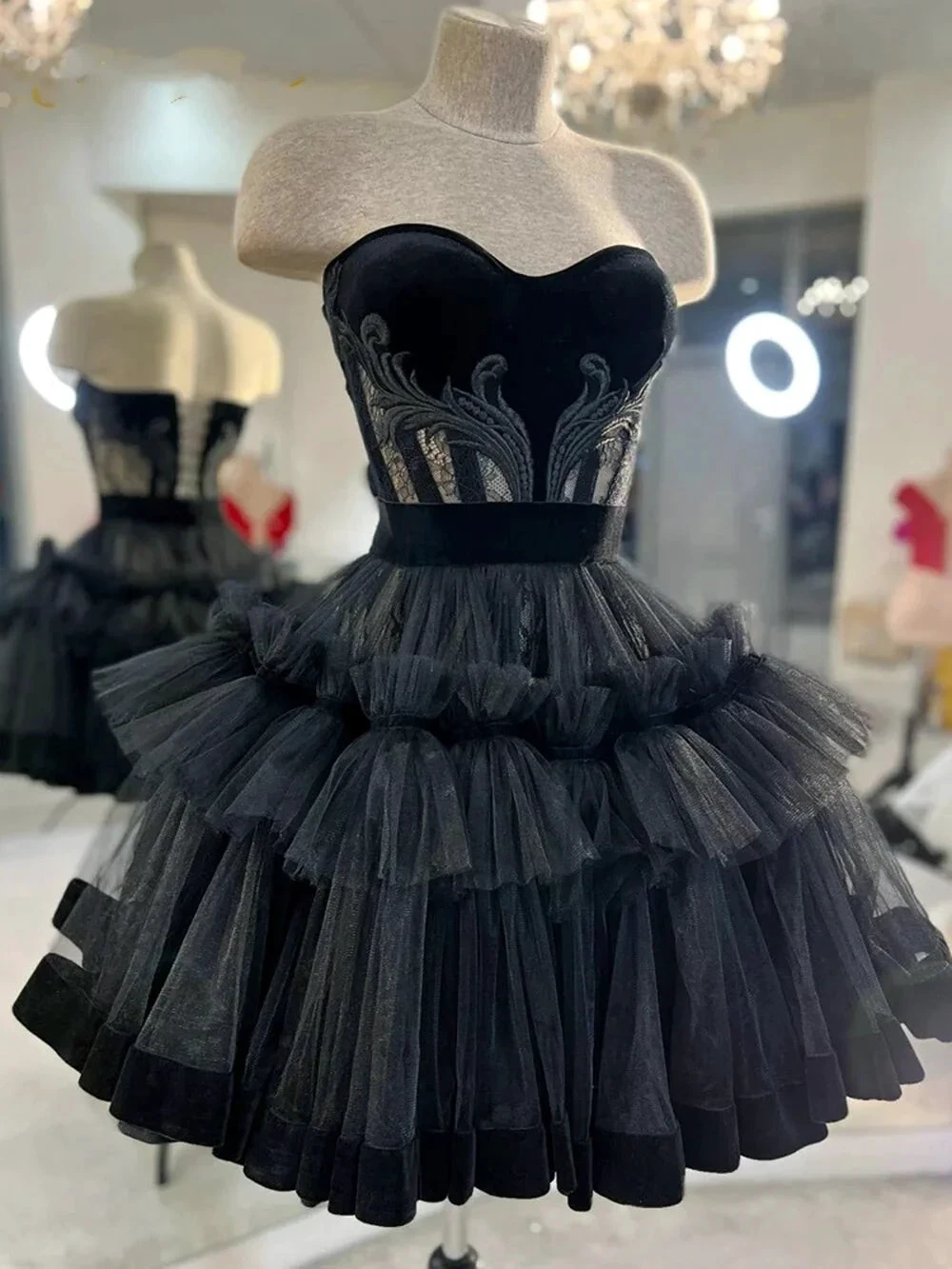 Little Black Short Homecoming Dresses Lace Exposed Boning Mini Party Pom Gowns Tulle Tutu Skirt Gothic Graduation Outfits Y2615 by simplepromdress