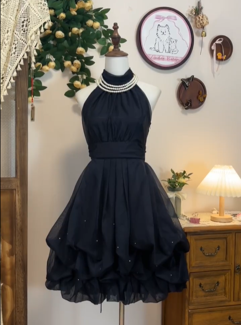 Simple Black Halter Tulle A Line 7th Grade Homecoming Dress Cocktail Dress
