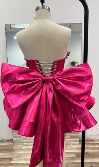 Gorgeous Hot Pink Satin Beaded Homecoming Dress Short Birthday Dress With Bow - View 8 | FashionDia