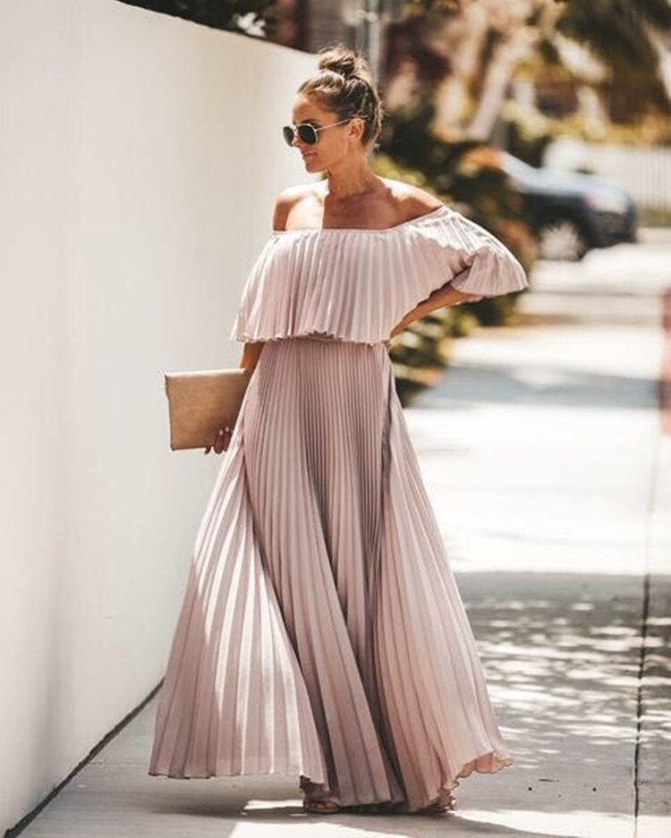 Elegant Off Shoulder Chiffon Summer Ruffle Pleated Prom Dresses  C749