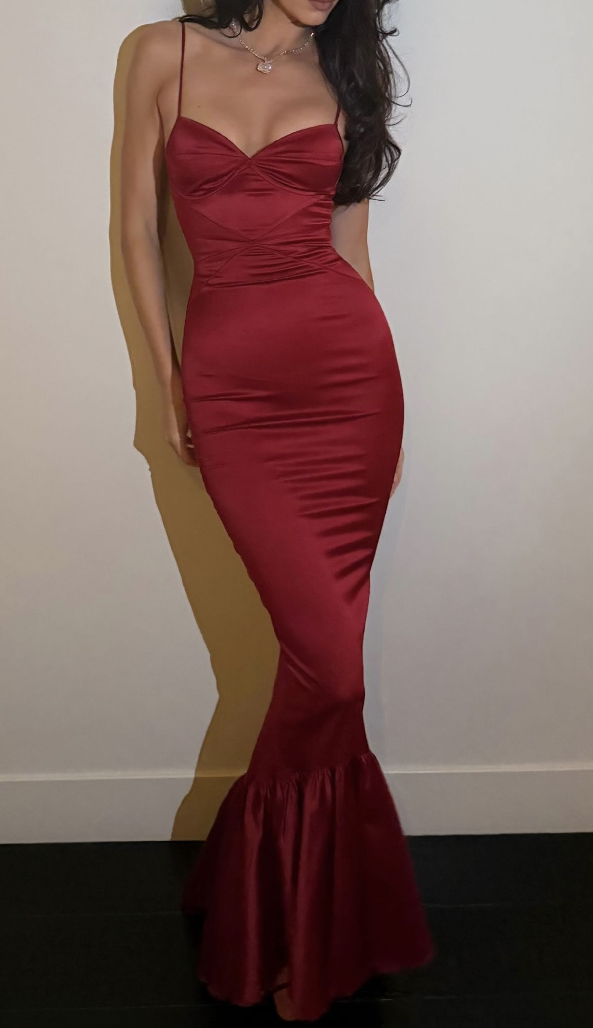 Stylish Spaghetti Straps Burgundy Satin Mermaid Long Party Dress Wedding Guest Dress