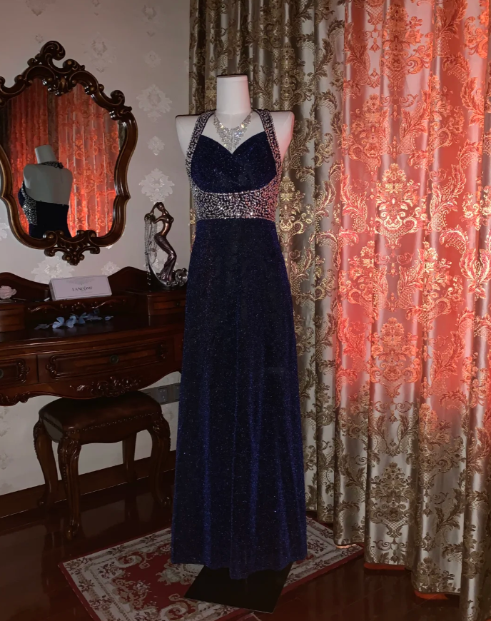 Pretty Halter Navy Blue Sequin Beaded Mermaid Long Evening Dress Birthday Party Dress - View 4 | FashionDia