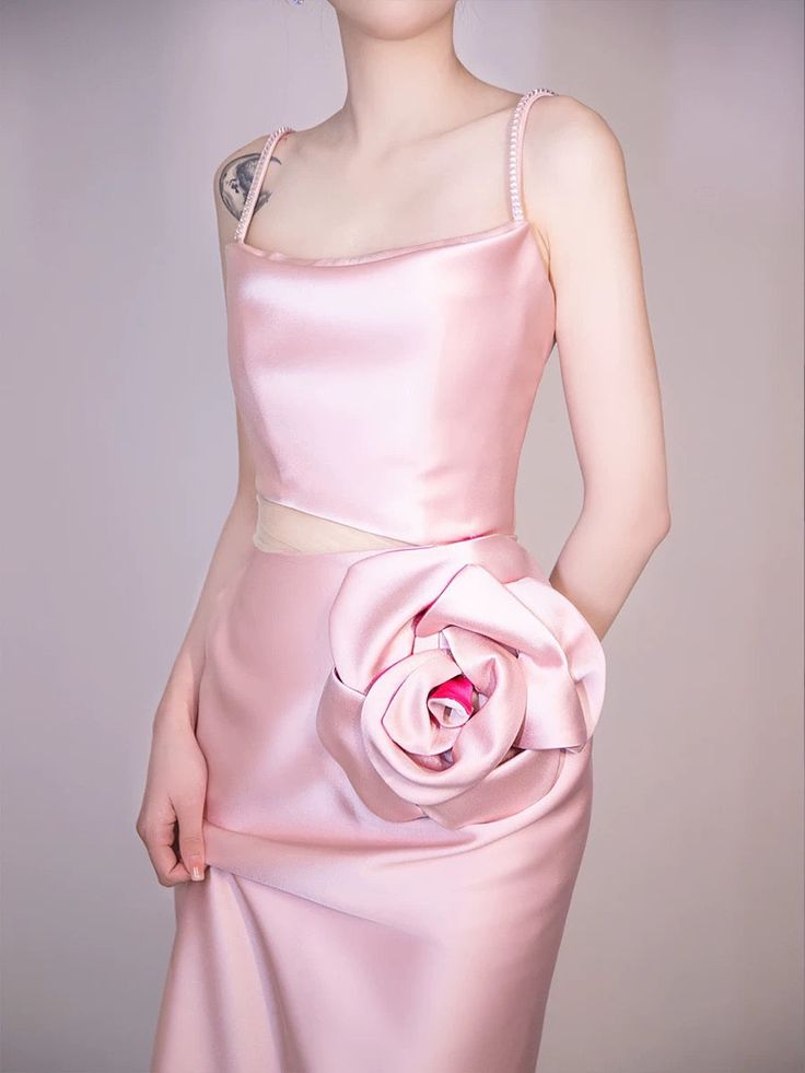 Elegant Pink Straps Sheath Prom Dress Evening Dress With Rose Flowers