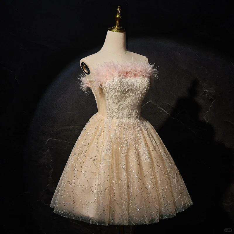 Cute Feathers Strapless Champagne Tulle A-Line Short Homecoming Dress Birthday - FashionDia