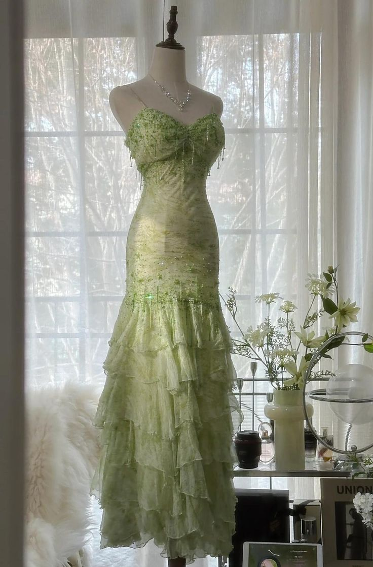 Classy Light Green Chiffon Beaded Mermaid Evening Dress,Spaghetti Straps Multi Layered Party Prom Dress