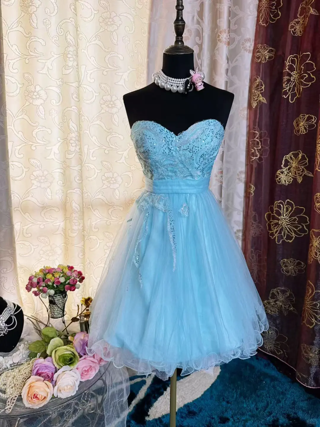 Cute Strapless Light Blue Tulle Appliques A Line Short Graduation Homecoming Dress 20th Birthday Outfits D726