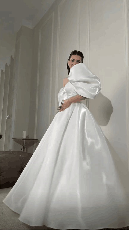 Elegant Off The Shoulder White Tulle Satin Long Party Dress Birthday Evening Dress D4753