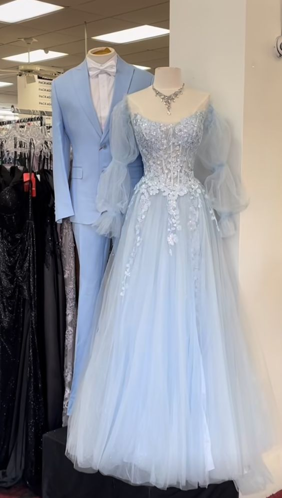 Light Blue A-line Lace Tulle Prom Dress,Fairy Princess Dress