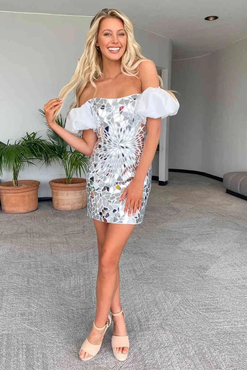 Off the Shoulder Silver Cut Glass Mirror Homecoming Dress Y1919 by simplepromdress