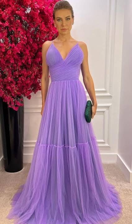 A-line V Neck Purple Tulle Prom Dress Purple Evening Dress Y6168 - View 2 | VelvetHem