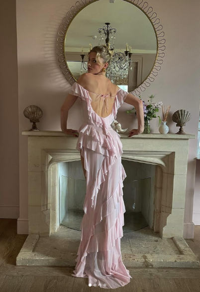 Sexy Off The Shoulder Pink Chiffon Ruffle Slit Long Party Dress Evening Gown Add Lining