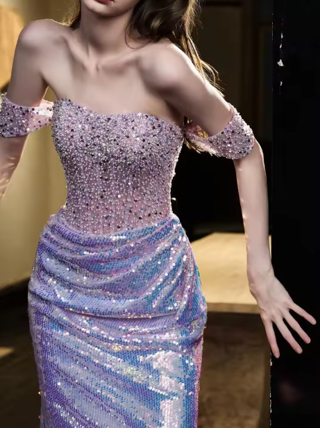 Glitter Off Shoulder Beaded Sequin Mermaid Prom Purple Formal Evening Gown Y8182 - View 2 | VelvetHem