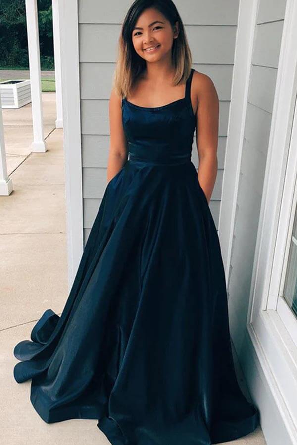 Taffeta A-line Scoop Spaghetti Straps Long Prom Dresses With Pockets - View 3 | VelvetHem