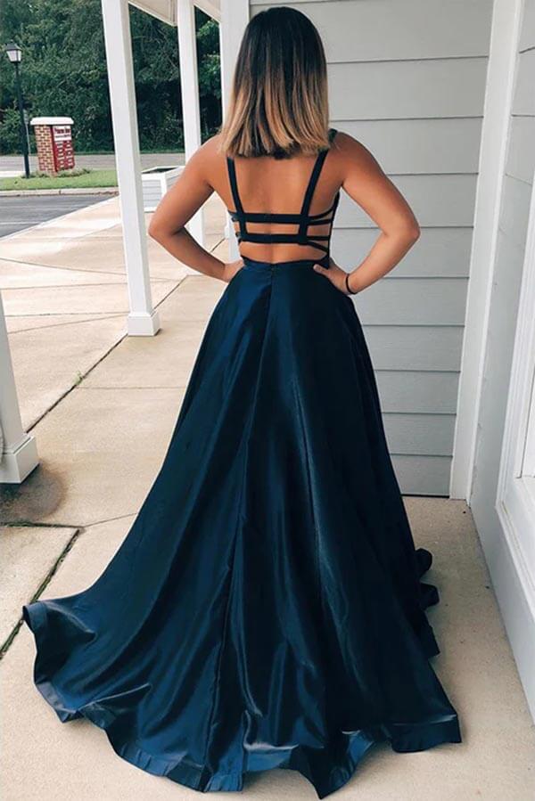 Taffeta A-line Scoop Spaghetti Straps Long Prom Dresses With Pockets - View 4 | VelvetHem