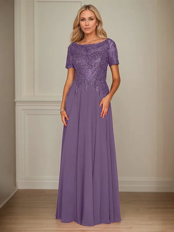 A-Line Chiffon Boat Neck Short Sleeves Floor-Length Mother of the Bride Dresses