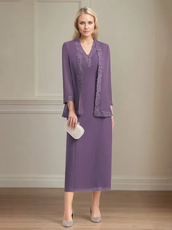 Sheath/Column Chiffon V Neck 3/4 Sleeves Tea Length Mother Of The Bride Dress