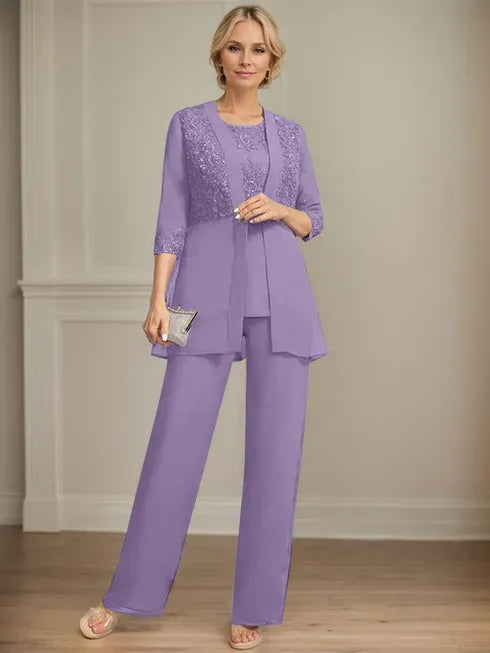 Jumpsuit/Pantsuit Separates Scoop Floor-Length Chiffon Lace Mother of the Bride Dress With Sequins