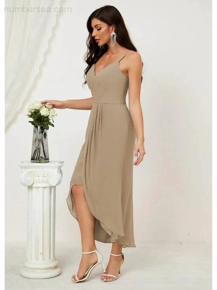 ZapDress Spaghetti Chiffon V Neck Bridesmaid Dress Mid-Length Slit Formal Prom Dress Homecoming Dress 2803 (ZD16952)