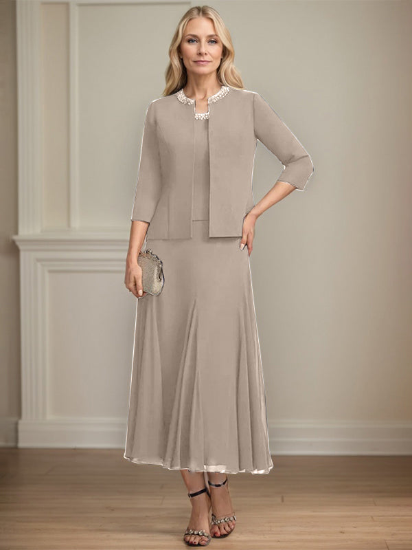 Separates A-line Scoop Tea-Length Chiffon Mother of the Bride Dress With Sequins Beading