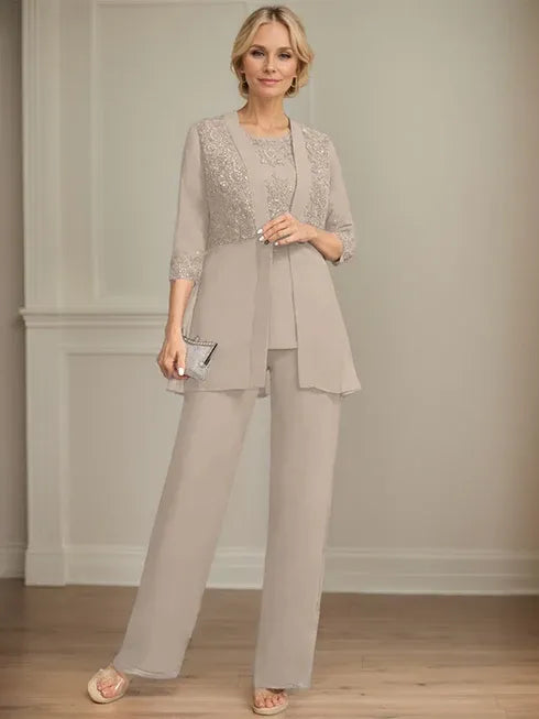 Jumpsuit/Pantsuit Separates Scoop Floor-Length Chiffon Lace Mother of the Bride Dress With Sequins