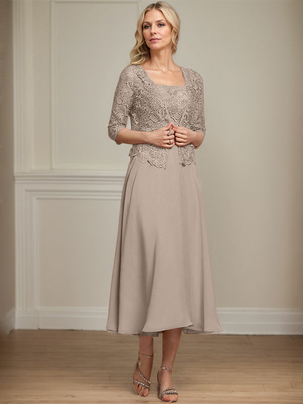 A-line Square Tea-Length Chiffon Lace Mother of the Bride Dress With Sequins Beading