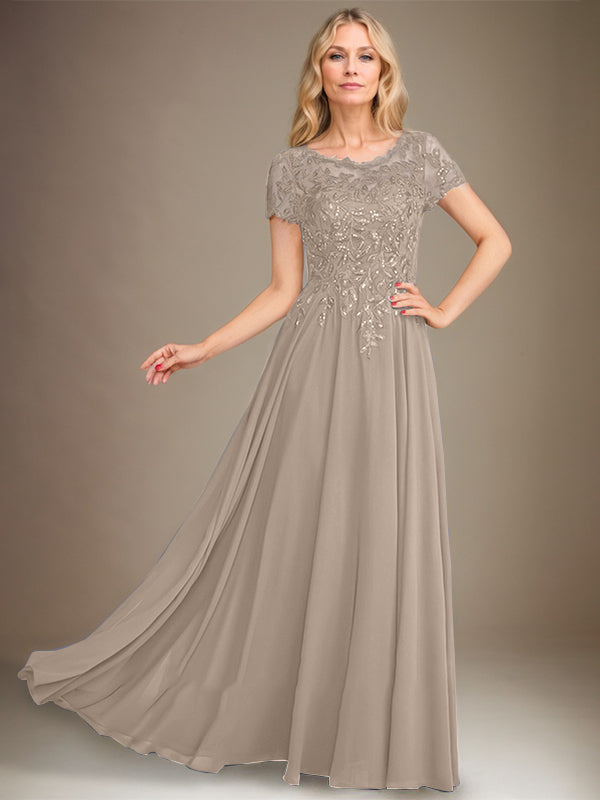 A-Line Scoop Floor-Length Chiffon Mother of the Bride Dress With Applique & Sequins