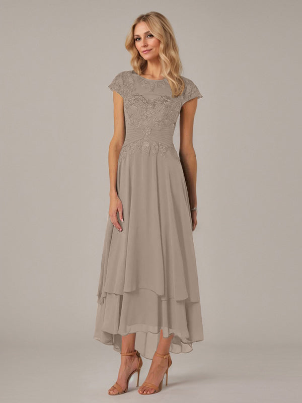 A-line Boat Neck Illusion Asymmetrical Chiffon Lace Mother of the Bride Dress With Applique Pleats